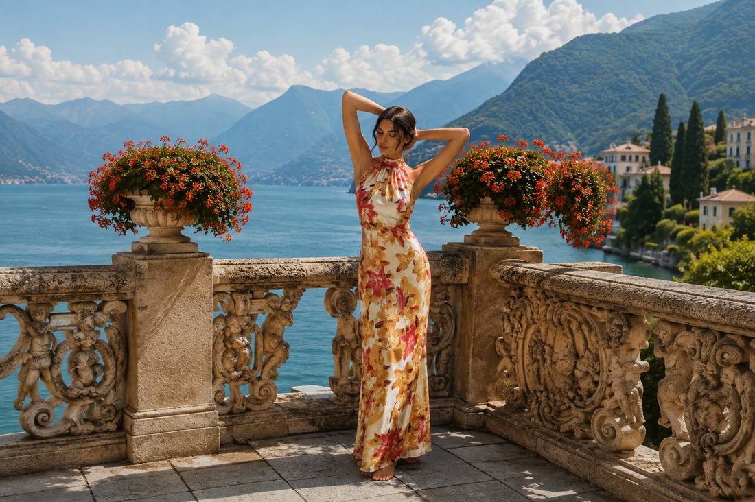Woman wearing The Amara Maxi Dress at a Mediterranean lakeside resort