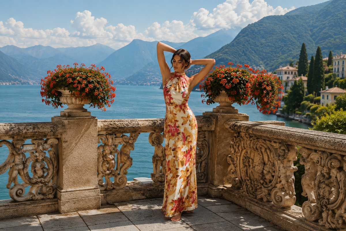 Woman wearing The Amara Maxi Dress at a Mediterranean lakeside resort